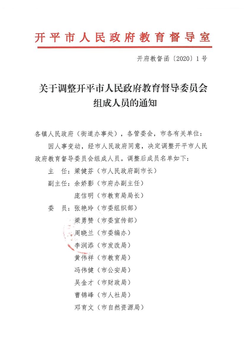 開府教督函〔2020〕1號關于調(diào)整開平市人民政府教育督導委員會組成人員的通知0000.jpg